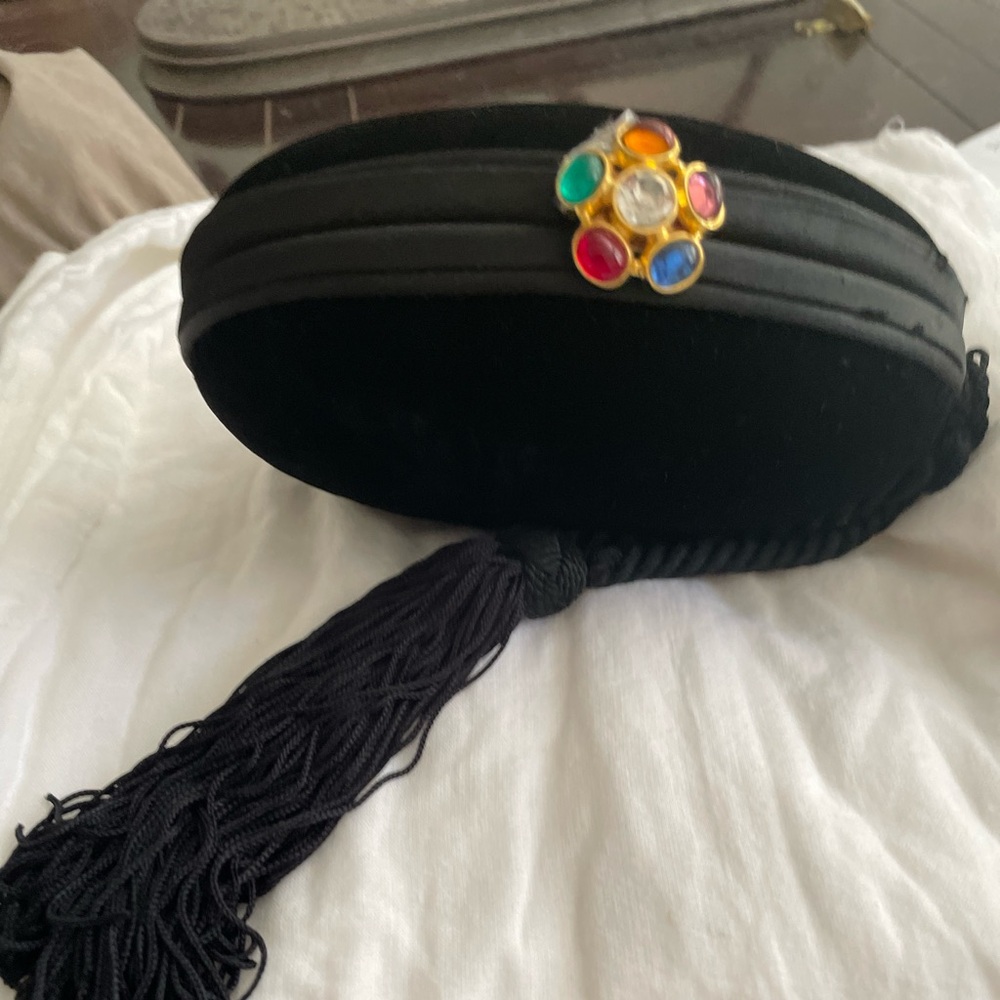 Vintage Bally Elegant Velvet Black Clutch with Multicolor Gemstone Accent